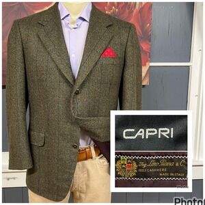 VTG Capri Custom Blazer Men 40S Short Cashmere Ventless Green/Navy Shoulder Pads